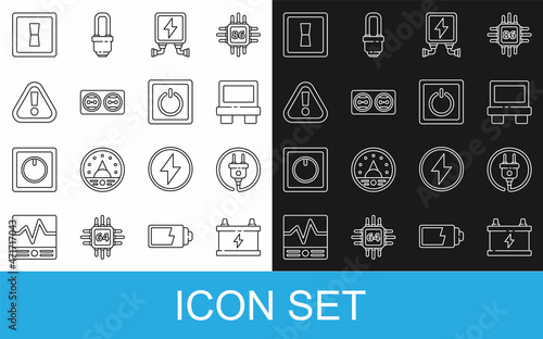 Set line Car battery, Electric plug, Fuse, transformer, Electrical outlet, Exclamation mark in triangle, light switch and icon. Vector