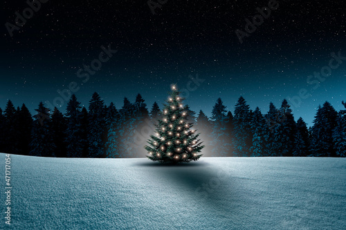 Winterliche Landschaft mit Weihnachtsbaum im Tannenwald und Sternenhimmel