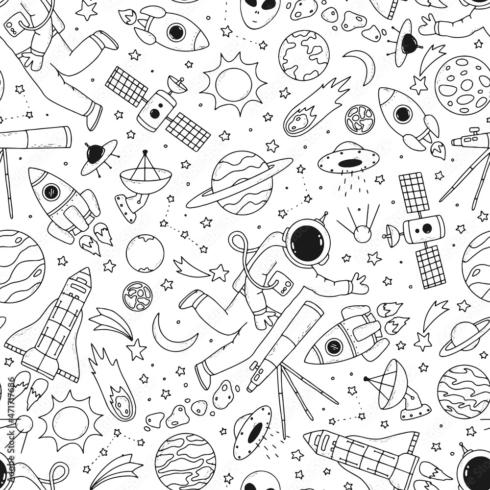 space theme seamless pattern with hand drawn doodles. Good for kids and nursery textile prints, scrapbooking, wrapping paper, wallpaper, coloring pages, etc. EPS 10