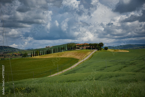 Tuscany, italy, may 2018, a farm on top of a green hill with cypress trees, a yellow field in the foreground