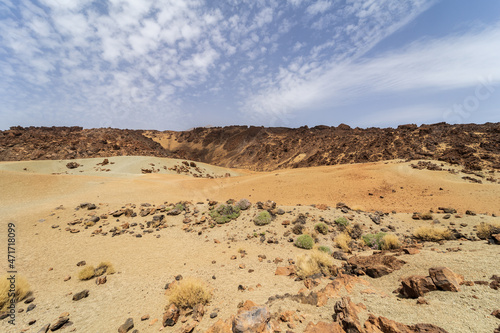 Desert landscape from Las Canadas caldera of Teide volcano. Mirador  viewpoint  Minas de San Jose Sur. Tenerife. Canary Islands. Spain.