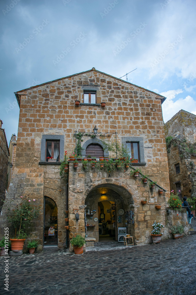 Tuscany, Italy, May 2018, old stone house in the medieval town of Civita