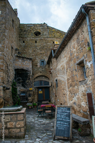 Tuscany, Italy, May 2018, cafe in the medieval town of Civita