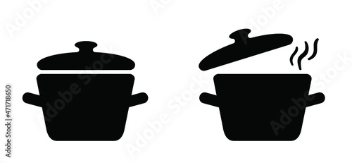 Stewpot Cartoon pot or pan food icon or pictogram. Cooking, picnic or eating logo or symbol. Vector cookware or kitchen food menu. Restaurant idea.