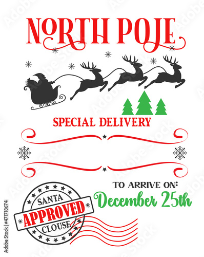 Santa sack design for crafting decorations, cards, poster. Special delivery from the North Pole. Christmas card template. North Pole Post. Christmas post stamps.