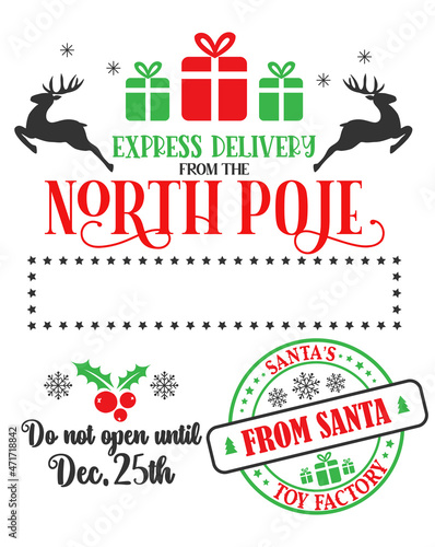 Santa sack design for crafting decorations, cards, poster. Special delivery from the North Pole. Christmas card template. North Pole Post. Christmas post stamps.