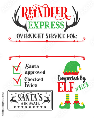 Santa sack design for crafting decorations, cards, poster. Special delivery from the North Pole. Christmas card template. North Pole Post. Christmas post stamps.