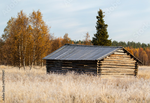 An old traditional hay shed on the meadow in Finnish countryside © Kersti Lindström