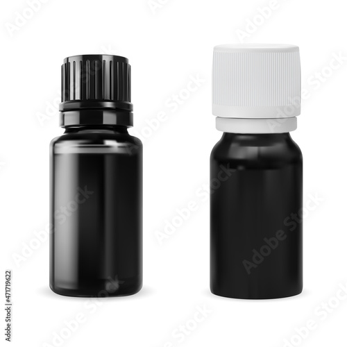 Essential oil bottle. Small black glass bottle mockup isolated on white. Aromatherapy oil vial template. Aromatic syrup flacon design, small organic essence storage, realistic bottle, isolated jar