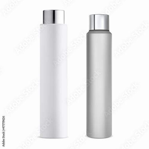 Cylinder cosmetic bottle. Plastic tubular bottle mockup. White shampoo bottle with silver cap, beauty cosmetic product blank. Toner or moisturizer container illustration, isolated tube blank photo
