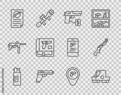 Set line Weapons oil bottle, Collimator sight, Buying gun pistol, Pistol, Firearms license certificate, Book with, Location weapon and Hunting icon. Vector