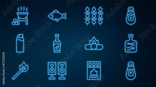 Set line Pepper, Cutting board, Grilled shish kebab, Ketchup bottle, Lighter, Barbecue grill, Campfire and Fish icon. Vector