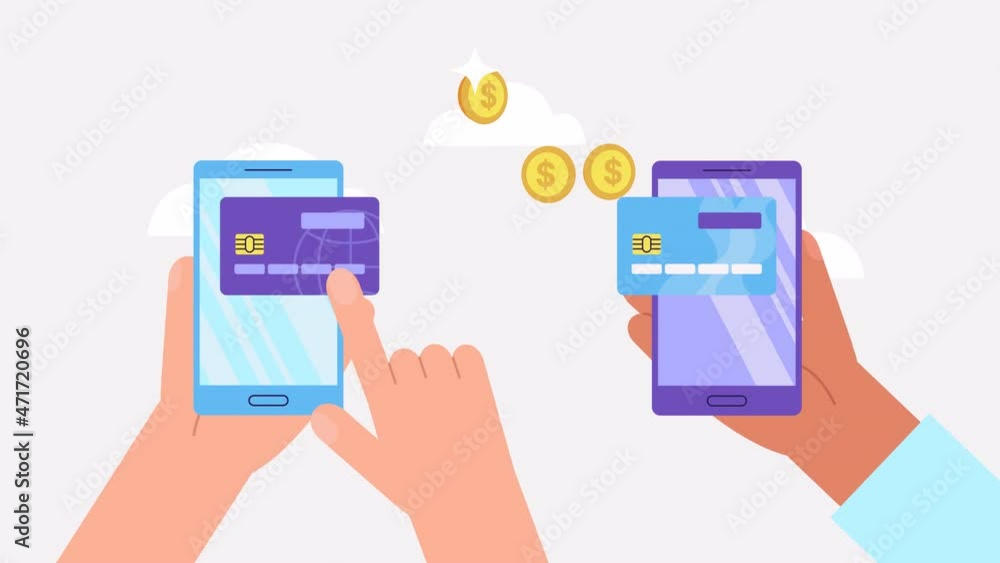 Money transfer credit card animation. Online payment service. Send and receive money wireless with smart phone. banking payment app. Capital flow, earning. Financial savings or economy Money transfer credit card animation. Online payment service. Send and receive money wireless with smart phone. banking payment app. Capital flow, earning. Financial savings or economy