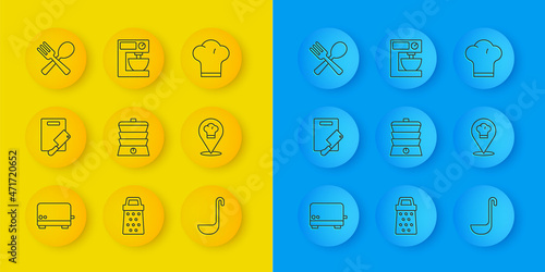 Set line Toaster, Cutting board and meat chopper, Slow cooker, Kitchen ladle, Chef hat with location, Crossed fork spoon, and Electric mixer icon. Vector