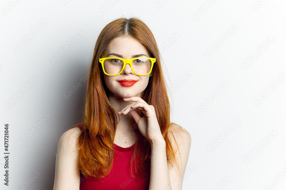 emotional woman in yellow glasses red lips attractive look emotional woman in yellow glasses red lips attractive look
