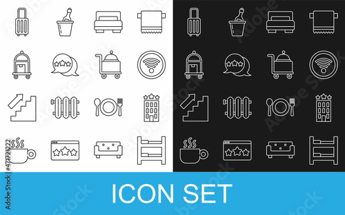 Set line Hotel room bed, building, Wi-Fi wireless, Five stars rating review, Suitcase, and Covered with tray icon. Vector