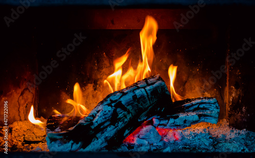 Log of wood burning in the fireplace