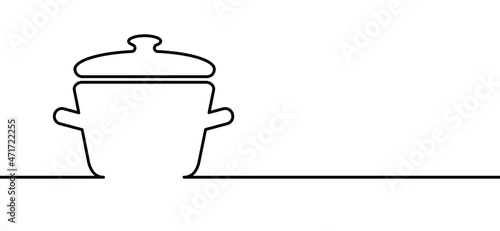 Stewpot Cartoon pot or pan food icon or pictogram. Cooking, picnic or eating logo or symbol. Vector cookware or kitchen food menu. Restaurant dinner idea. Line pattern.
