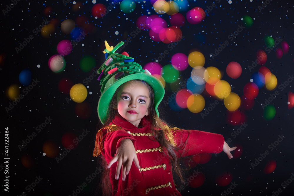 girl dressed as nutcracker with red coat fringes and colorful bokeh lights, hat and theatrical makeup girl dressed as nutcracker with red coat fringes and colorful bokeh lights, hat and theatrical makeup