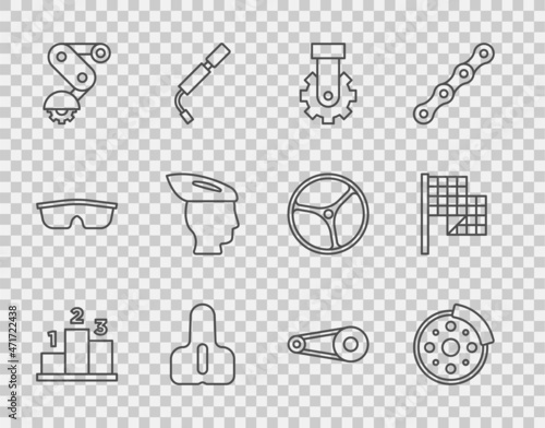 Set line Award over sports winner podium, Bicycle brake disc, Derailleur bicycle rear, seat, helmet, chain with gear and Checkered flag icon. Vector