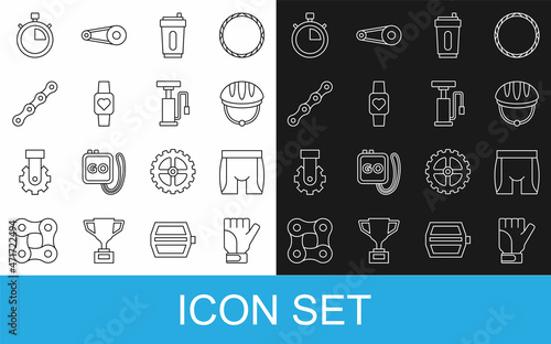 Set line Gloves, Cycling shorts, Bicycle helmet, Sport bottle with water, Smart watch, chain, Stopwatch and air pump icon. Vector