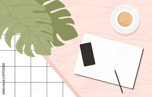 Modern workspace with notebook, smartphone, coffee cup and plant on pink table. Top view. Stylish office, freelance space. Vector illustration in cartoon style. Isolated on white background.