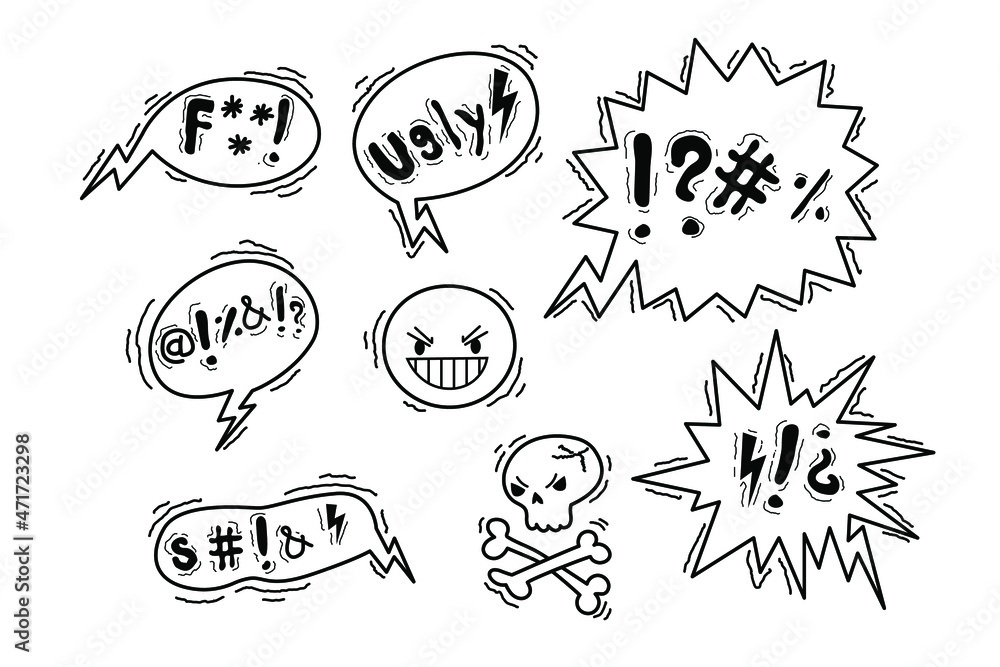 Comic speech bubble with swear words symbols. Doodle hand drawn speech bubble with curses, skull, bones, lightning. Angry smile face emoji. Vector illustration isolated on white.