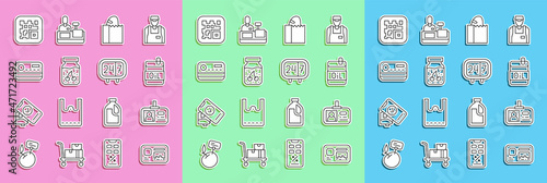 Set line Identification badge, Bottle of olive oil, Paper bag with bread loaf, Jam jar, Credit card, QR code and Clock 24 hours icon. Vector