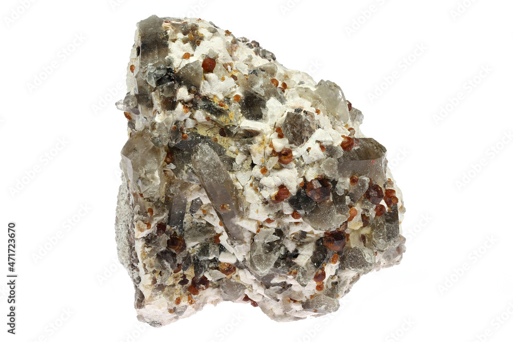 spessartine with smoky quartz from Fujian, China isolated on white background spessartine with smoky quartz from Fujian, China isolated on white background
