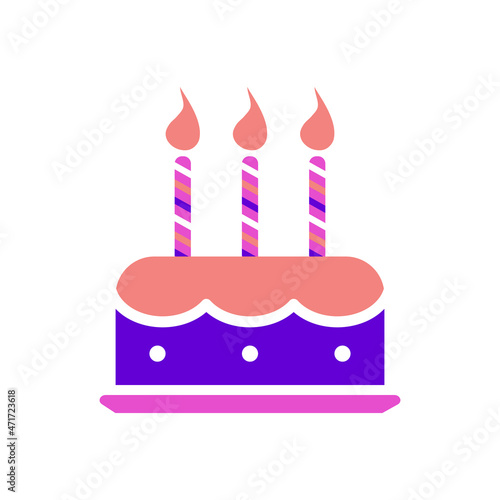 Birthday cake with candles isolated on white background. Cute pattern with dessert in fashion three colors violet, pink and coral. Vector.