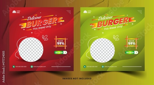 Delicious burger and food menu social media posts templat banner or flyer vector