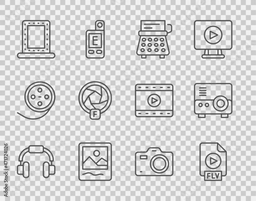 Set line Headphones, FLV file document, Retro typewriter, Photo frame, Makeup mirror with lights, Camera shutter, camera and Media projector icon. Vector