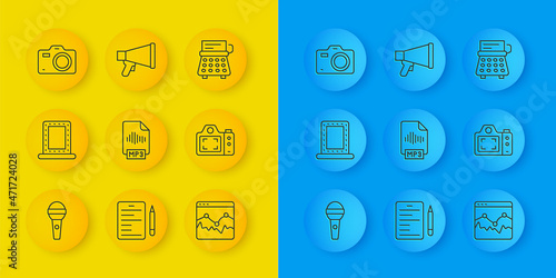 Set line Microphone, Makeup mirror with lights, MP3 file document, Music wave equalizer, Photo camera, Retro typewriter and Megaphone icon. Vector