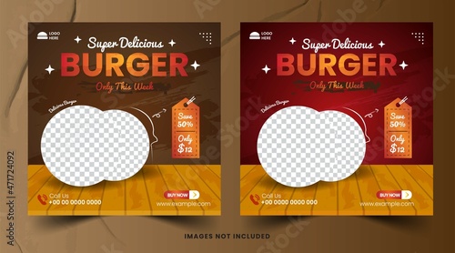 Food menu and restaurant burger social media posts templat banner or flyer vector