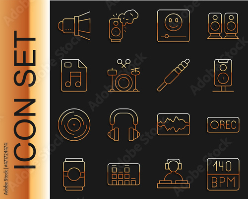 Set line Bitrate, Record button, Stereo speaker, Music player, Drums, MP3 file document, Movie spotlight and Audio jack icon. Vector