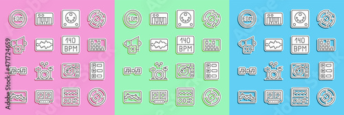Set line Vinyl disk, Music playlist, equalizer, Drum machine, wave, Speaker mute, EDM electronic dance music and Bitrate icon. Vector