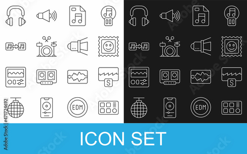 Set line Drum machine, Music wave equalizer, LSD acid mark, MP3 file document, Drums, note, tone, Headphones and Movie spotlight icon. Vector