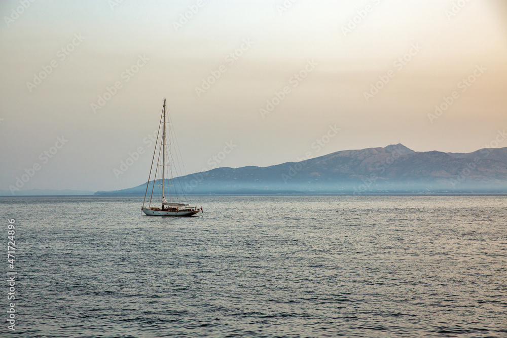 Seascape with yacht of Corfu coast, Greece.