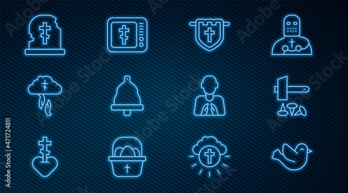Set line Dove, Crucifixion of Jesus Christ, Flag with christian cross, Church bell, God's helping hand, Grave tombstone, Hands praying position and Online church pastor preaching icon. Vector