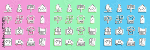Set line Blood donation, Free overnight stay house, Bottle of water, sign, Teacher, Help, Volunteer team planting trees and Clothes icon. Vector