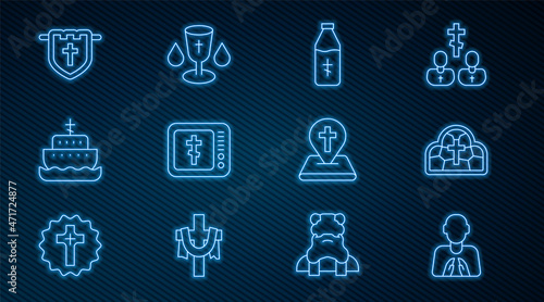 Set line Hands in praying position, Stained glass, Holy water bottle, Online church pastor preaching, Ark of noah, Flag with christian cross, Location building and Christian chalice icon. Vector
