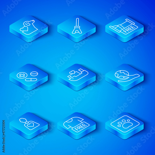 Set line Volunteer, Humanitarian ship, Clothes donation, Hand holding Earth globe, Free overnight stay house, Medicine pill or tablet, Heart with dog and Paw print icon. Vector