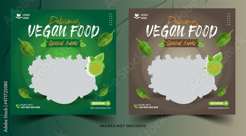 Watercolor flat vegetarian food social media posts with green leaf template 