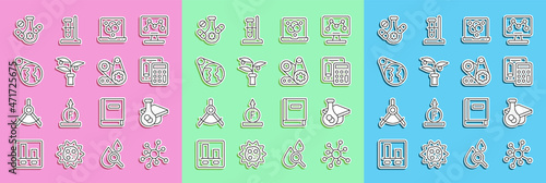 Set line Molecule, Graduation cap, Calculator, Chemical formula, Plant breeding, Earth globe, Medicine pill and Timing belt kit icon. Vector