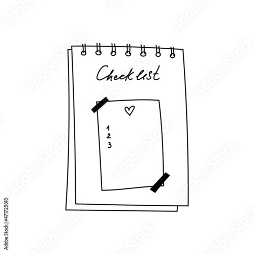 Doodle notebook with spiral and checklist isolated. A hand-drawn diary with a wish list. A vertical notebook with a piece of paper. Сute vector illustration of notepad on rings isolated on white.
