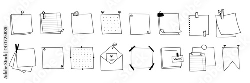 Set of hand-drawn Memo notepads paper outline. Doodle Blank square sheets of paper for notes. Various types of envelope with pins, clips, stickers, tape. Vector of sketch reminders isolated.