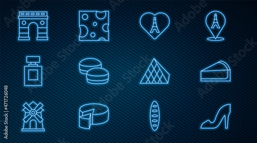 Set line Woman shoe, Cherry cheesecake slice, Eiffel tower with heart, Macaron cookie, Perfume, Triumphal Arch, Louvre glass pyramid and Cheese icon. Vector