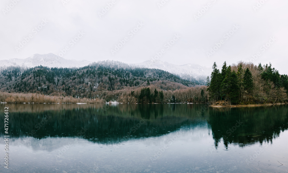 Panorama of the lake against the background of forest and mountains in the park Biogradska Gora. Montenegro