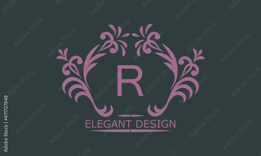 Vector logo design template in trendy linear style. Floral monogram with letter R, place for text or letter. Emblem of fashion, beauty and jewelry industry, business