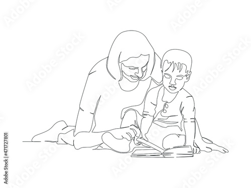 A young mother who reads a book together and wants to teach her child knowledge. Single-line picture of mother and child, parent vector description. The concept of a happy family spending time togethe
